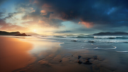 A Panoramic View of a Serene Beach at Twilight, Where the Ocean Meets the Horizon in a Peaceful Embrace