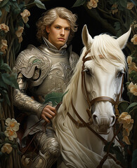 Illustration of Prince Charming - a handsome young knight in silver armour on a white horse surrounded by flowers. - obrazy, fototapety, plakaty