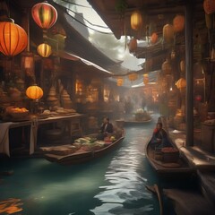 Obraz premium Construct an otherworldly bazaar with floating market stalls and fantastical creatures2
