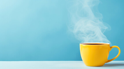 Yellow hot cup of coffee with smoke on pastel blue background, copy space