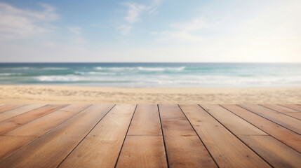 Empty wooden deck with blurred beach for product presentation