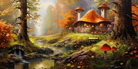 oil painting of autumn mushroom house in forest, generative AI