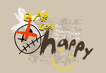 Vector smile illustration grunge, Urban typography hipster street art graffiti slogan print with neon spray effect, happy smile sloganm b
