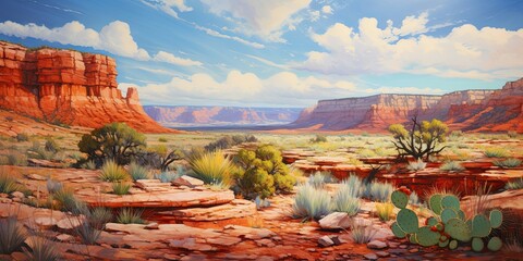 oil painting of red rock desert landscape, cliffs, cactus, generative AI - obrazy, fototapety, plakaty