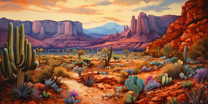 oil painting of red rock desert landscape, cliffs, cactus, generative AI