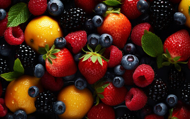 Obraz premium Top view of bright ripe fragrant fruits background