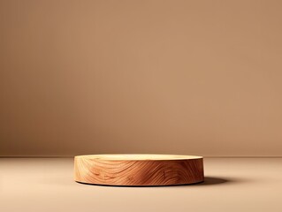 beige natural wooden podium pedestal product display background with texture and shadow, luxury, elegant, modern, minimal
