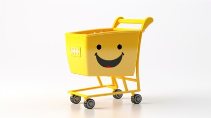 3d shopping trolley, shopping online concept, shopping cart with face cartoon smile