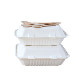 Biodegradable take out food containers and bamboo cutlery isolated cutout on transparent