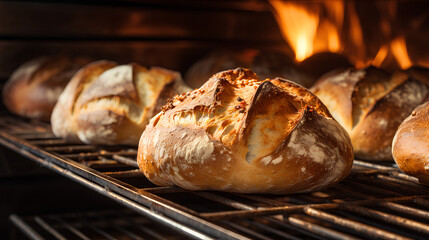 Fresh bread in bakery oven