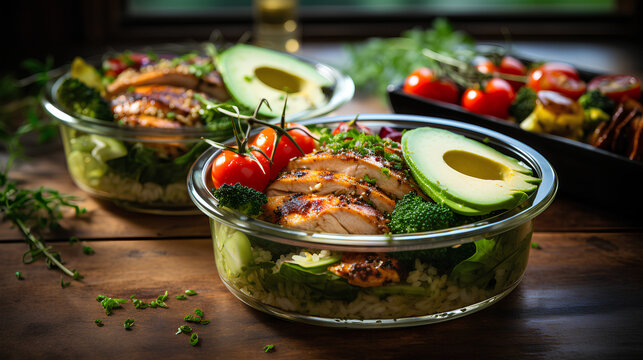 Healthy Green Cooking Containers With Chicken, Rice, Avocado And Vegetables On Top Shot