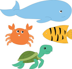 colorful ocean creatures clipart collection in cartoon style. includes 4 aquatic animals for kids and children
