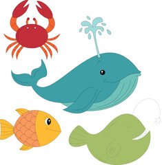 colorful underwater animals clipart set in cartoon style. includes 4 ocean animals for kids and children