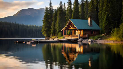Wood cabin on the lake , log cabin surrounded by trees, mountains, and water in natural landscapes. Nature background