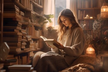 本を読む女性　with generative ai