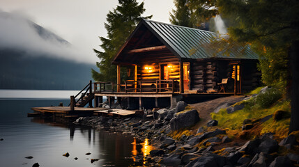 Fototapeta premium Wood cabin on the lake , log cabin surrounded by trees, mountains, and water in natural landscapes. Nature background