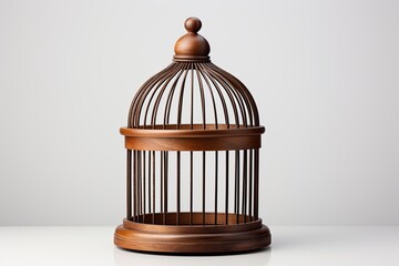 Birdcage sitting on white background. Horizontal composition with copy space. Front view. Clipping path is included