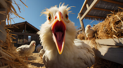A hen is singing with her mouth open in front of a chicken coop where there is a basket of eggs