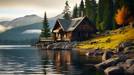 Poster Wood cabin on the lake , log cabin surrounded by trees, mountains, and water in natural landscapes. Nature background © Planetz