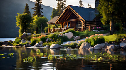 Obraz premium Wood cabin on the lake , log cabin surrounded by trees, mountains, and water in natural landscapes. Nature background