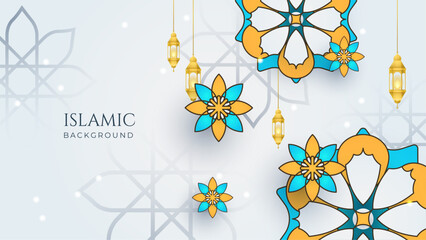 Yellow, blue and white modern islamic background with mandala pattern and lamp