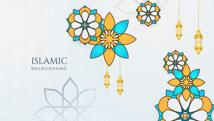 Yellow, blue and white modern islamic background with mandala pattern and lamp