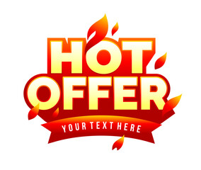 Label hot offer vector with fire flame in extrude long shadow template design	