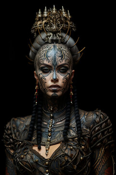 A dark woman with tattoos and black makeup with dyed hair and a crown looking menacingly into the camera