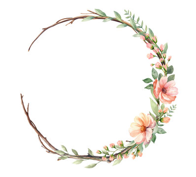 Cute Wreath With Flowers, Leaves And Branches In Vintage Watercolor Style. Vector Circle Frame For Your Text On White Background.