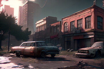 Abandoned car in the city at night. 3d rendering