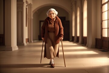 Fototapeta na wymiar beautiful old aged woman walking with the help of stick in a big room