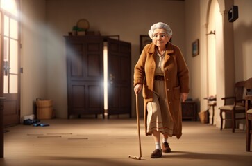 beautiful old aged woman walking with the help of stick in a big room
