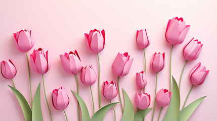 Paper cut Eight made of pink background and tulips ornament - obrazy, fototapety, plakaty