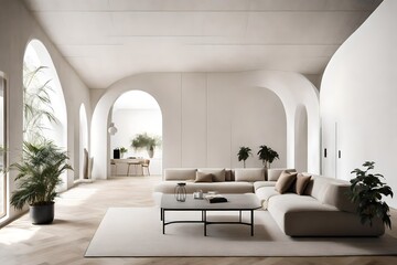 modern living room with fireplace, Minimalist interior design on arch wall background. Wall mockup concept, 3d render