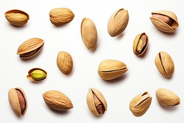 A set with Flying in air fresh raw whole and cracked pistachios isolated on white background