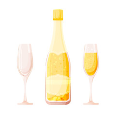 Sparkle bubbly champagne bottle glass flat set. Gold elegant liquid bottle full empty glass clear cartoon fizzy wine drink blank label holiday element new year christmas birthday decoration isolated