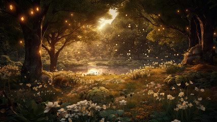 Golden forest scenery, lake with mushrooms, fantasy trees landscape