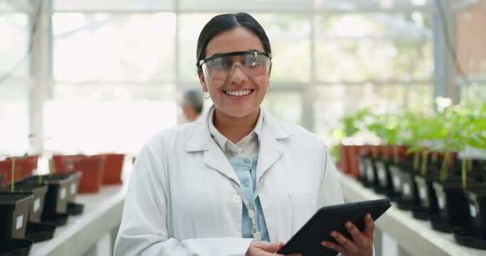 Tablet, portrait and sustainability with a woman in a greenhouse to study plant growth for ecology research. Technology, science and agriculture with a young scientist working on medicine innovation