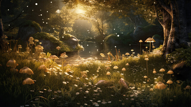 Golden forest scenery, lake with mushrooms, fantasy landscape