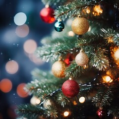 Merry Christmas and Happy New Year. Festive bright beautiful background. Decorated Christmas tree on blurred background. de-focused lights, gold bokeh