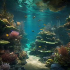 Fototapeta na wymiar A surreal underwater realm where marine life and aquatic plants form an otherworldly symphony2