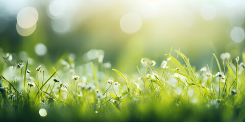 Obraz premium Spring Backgrounds, Fresh Green Field Grass against Sunny Sky with blur background