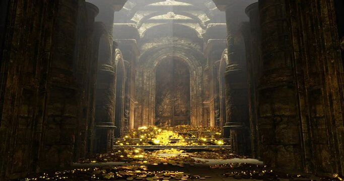 Treasury hall. treasure trove of gold coins And chests and treasure boxes pile up. Treasuries, kingdoms and castles. The concept of finding lost ancient treasures. 3d rendering