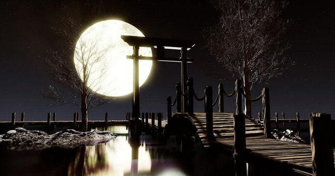 The full moon at night was full of stars and a faint mist. A wooden bridge extended into the sea. Fantasy image at night, super moon, sea water wave. 3D Rendering