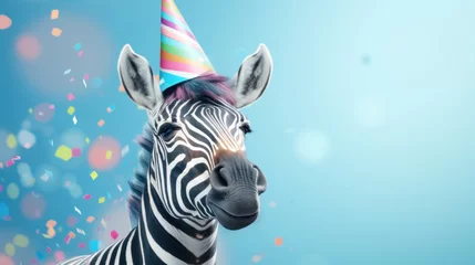 Poster Happy zebra smiling wearing hat with flying confetti. Birthday concept © tashechka