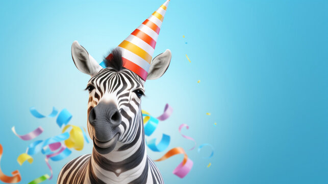 Happy zebra smiling wearing hat with flying confetti. Birthday concept