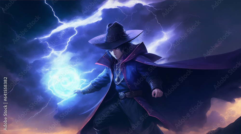 Wall mural a sorcerer summoning a thunderstorm fantasy concept illustration painting. generative ai.