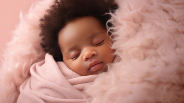 Sleeping african american baby on pink background.