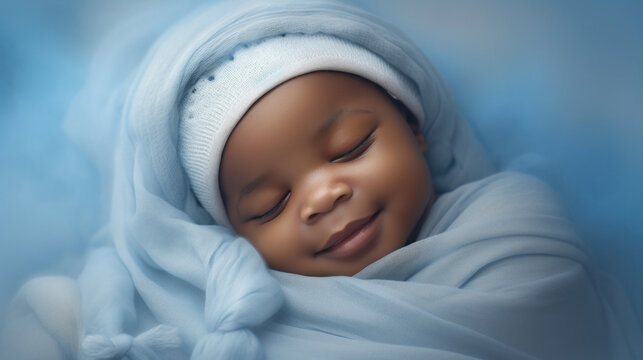 Sleeping african american baby on soft blue background