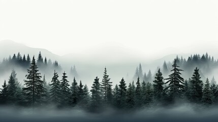 Fototapeta na wymiar Dark Spruce Wood Silhouette Surrounded by Fog on white